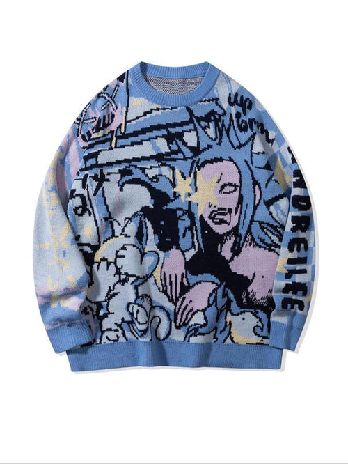 Men'S Cartoon Print round Neck Sweater Knitwear Tops, Loose Casual Long Sleeve Crew Neck Jumper for Spring & Fall, Fashion Men'S Fall Crewneck Sweatshirt Knit Tops for Daily Wear, Soft Top Men, Vintage Clothing