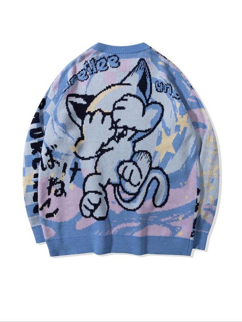 Men'S Cartoon Print round Neck Sweater Knitwear Tops, Loose Casual Long Sleeve Crew Neck Jumper for Spring & Fall, Fashion Men'S Fall Crewneck Sweatshirt Knit Tops for Daily Wear, Soft Top Men, Vintage Clothing